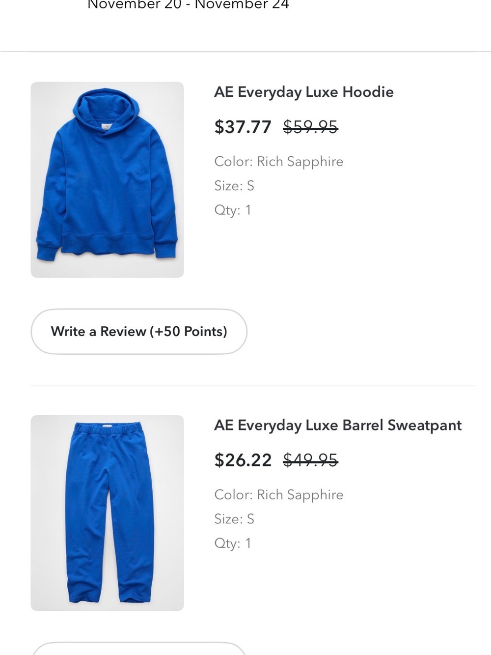 American eagle everyday luxe Barrel Sweatpant and hoodie in Rich Sapphire